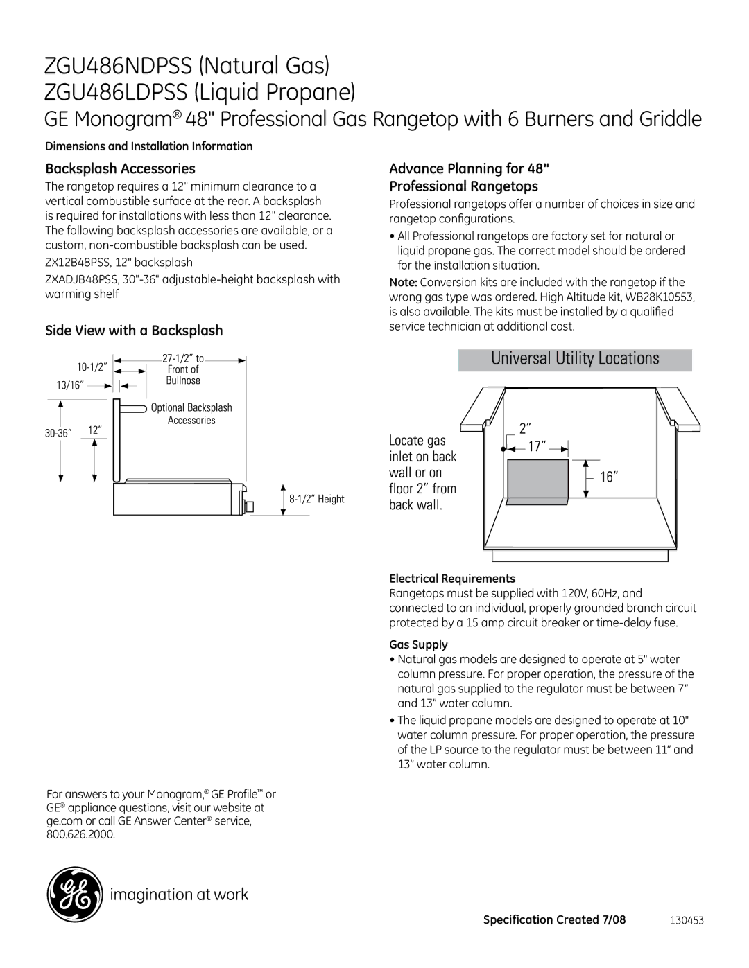 GE Monogram ZGU486NDPSS, ZGU486LDPSS dimensions Backsplash Accessories, Electrical Requirements, Gas Supply 