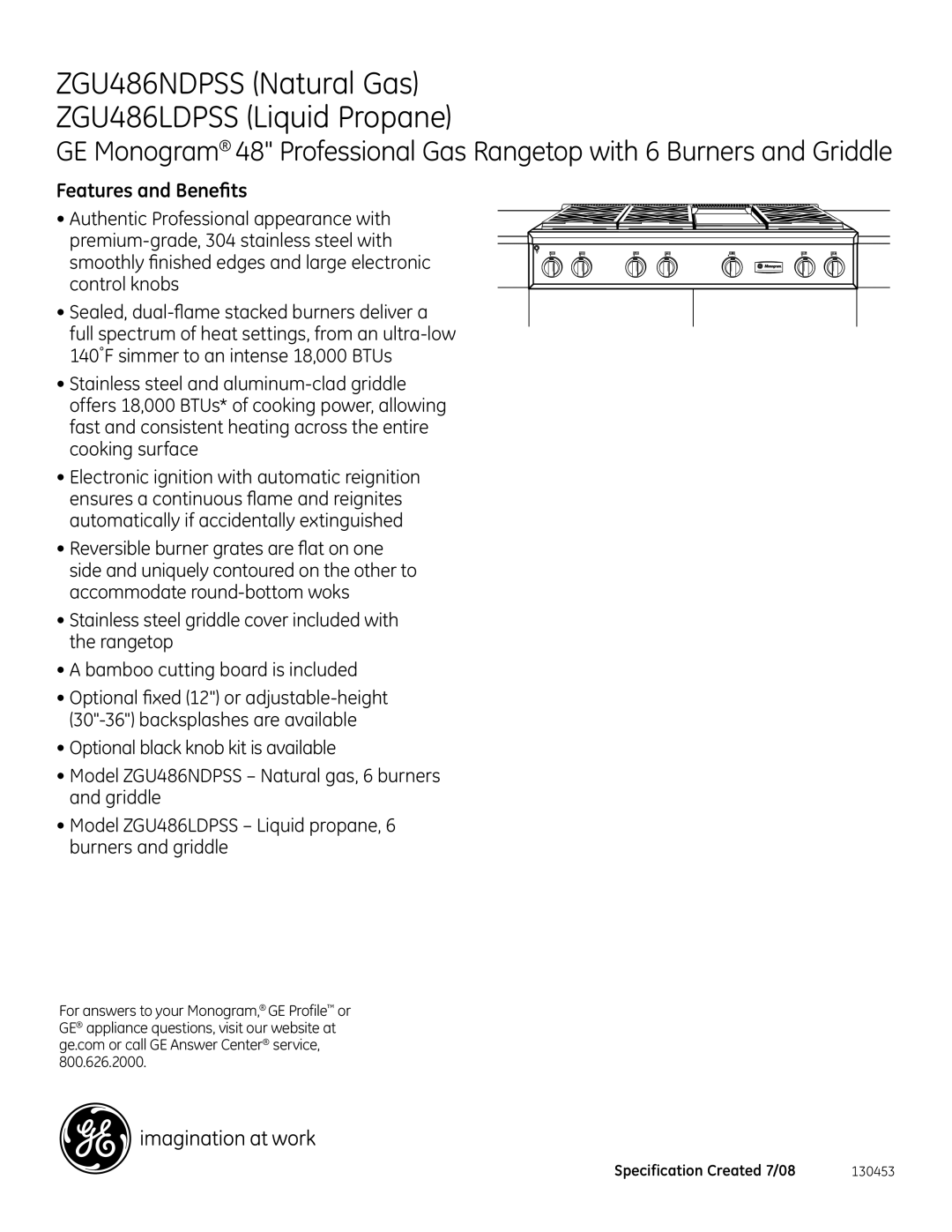 GE Monogram ZGU486LDPSS, ZGU486NDPSS dimensions Features and Benefits 