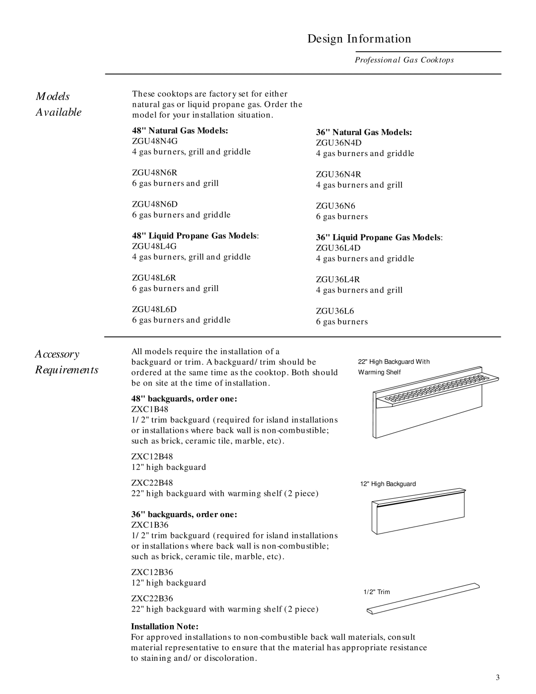 GE Monogram ZGU48L4D, ZGU36L6D, ZGU48L4R installation instructions Models Available, Accessory Requirements 