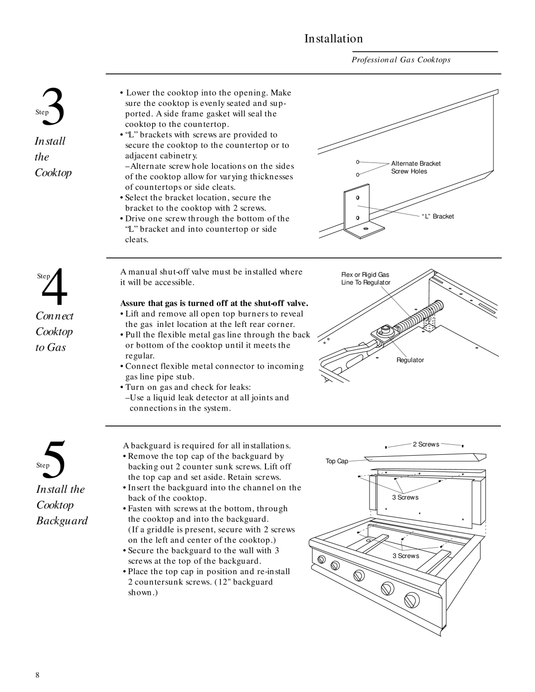 GE Monogram ZGU48L4R, ZGU48L4D, ZGU36L6D Connect Cooktop to Gas, Install Cooktop Backguard, Install the Cooktop 