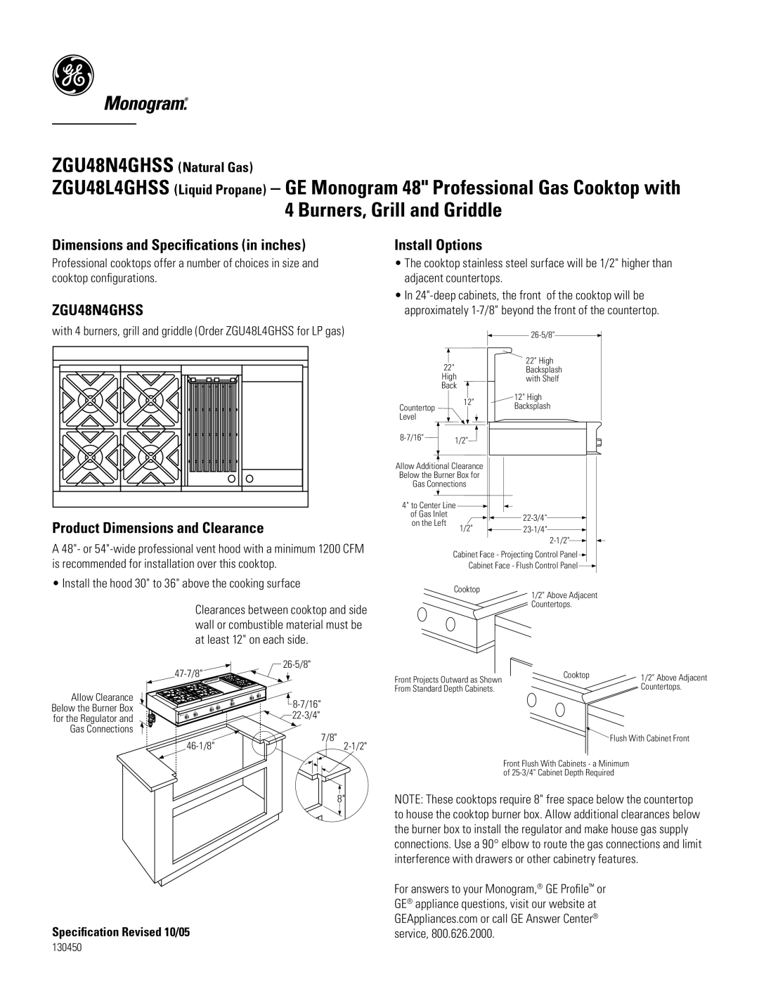 GE Monogram ZGU48N4GHSS, ZGU48L4GHSS dimensions Dimensions and Speciﬁcations in inches, Product Dimensions and Clearance 