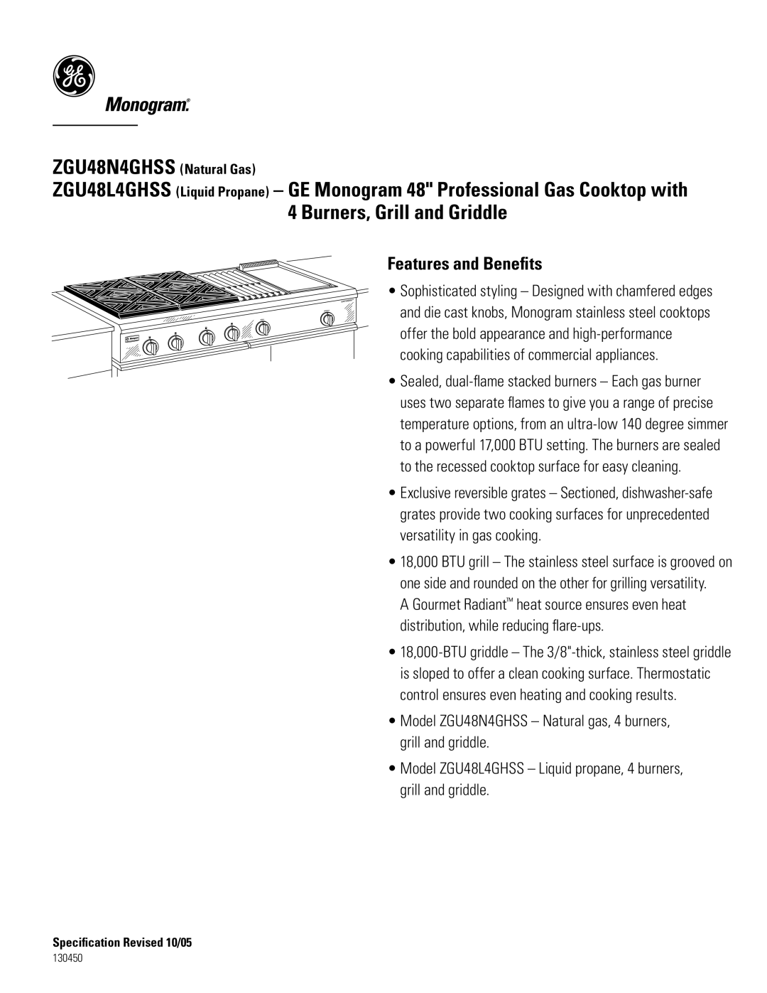 GE Monogram ZGU48N4GHSS, ZGU48L4GHSS dimensions Features and Beneﬁts 