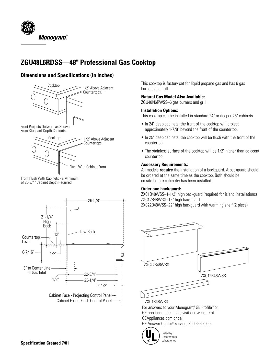 GE Monogram ZGU48L6RDSS dimensions Natural Gas Model Also Available, Installation Options, Accessory Requirements 