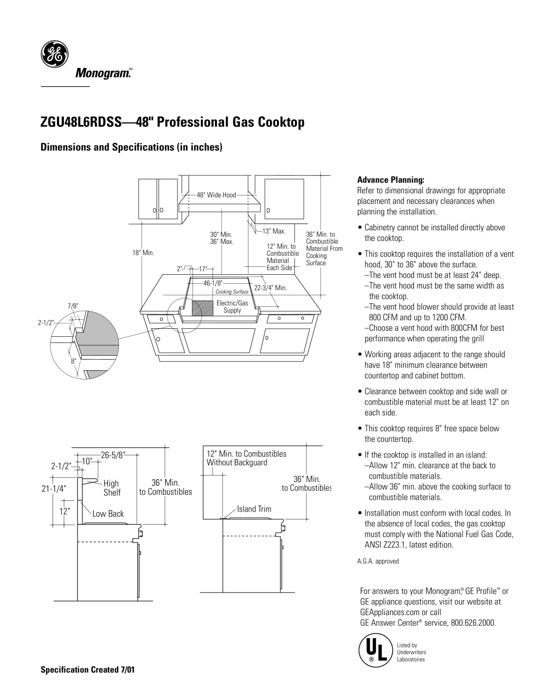 GE Monogram ZGU48L6RDSS dimensions 26-5/8, Advance Planning 