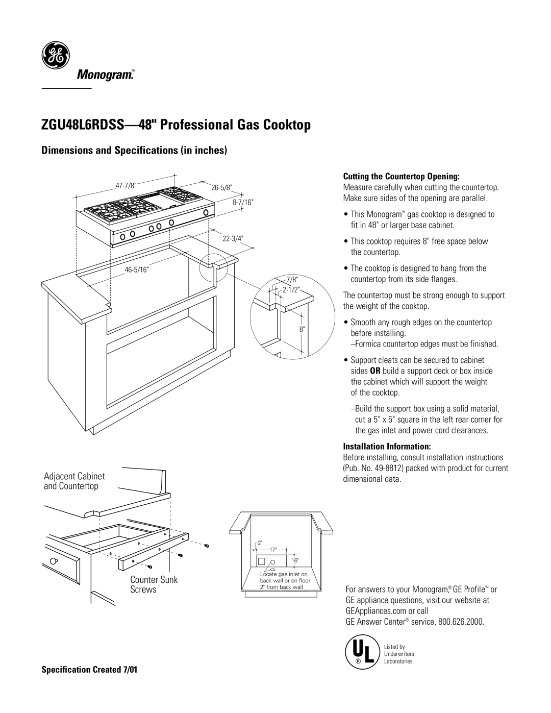 GE Monogram ZGU48L6RDSS dimensions Cutting the Countertop Opening, Installation Information 