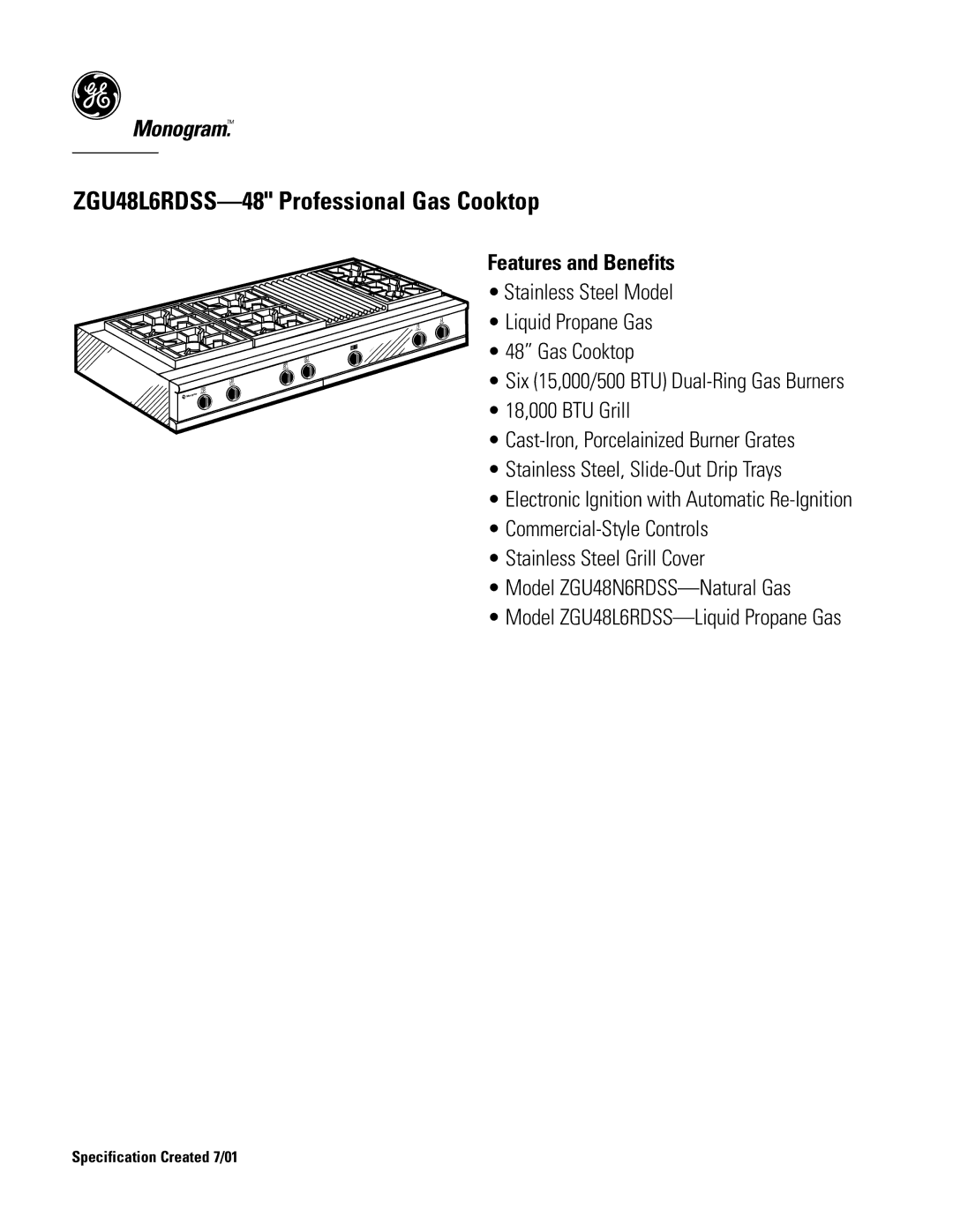 GE Monogram ZGU48L6RDSS dimensions Features and Benefits 