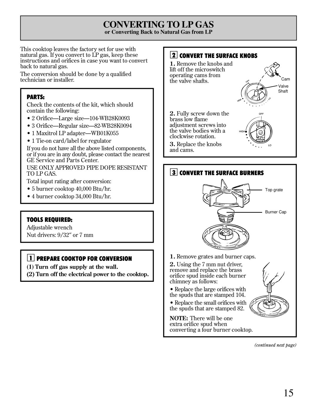 GE Monogram ZGU651, ZGU650 manual Convert the Surface Knobs, Parts, Tools Required, Prepare Cooktop for Conversion 