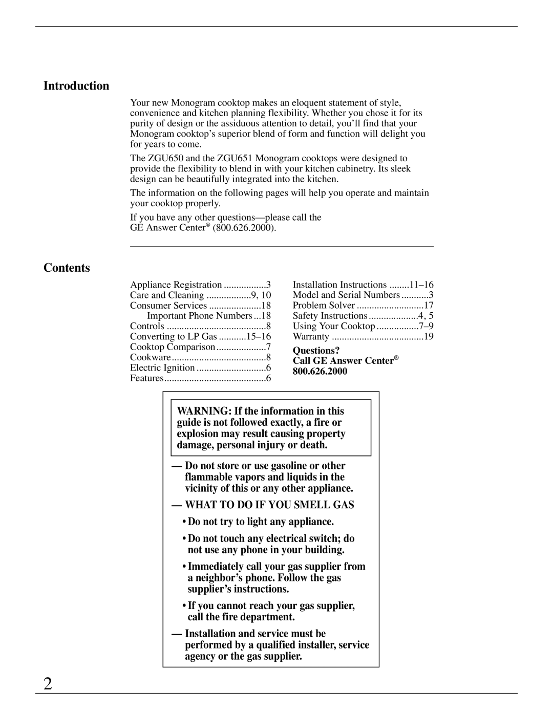 GE Monogram ZGU650, ZGU651 manual Introduction, Contents 