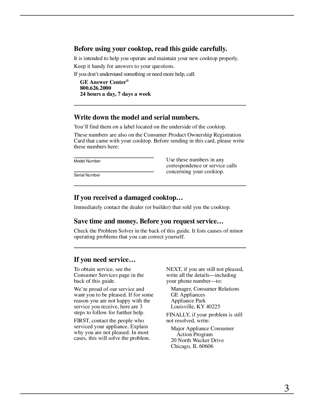 GE Monogram ZGU651, ZGU650 Before using your cooktop, read this guide carefully, Write down the model and serial numbers 