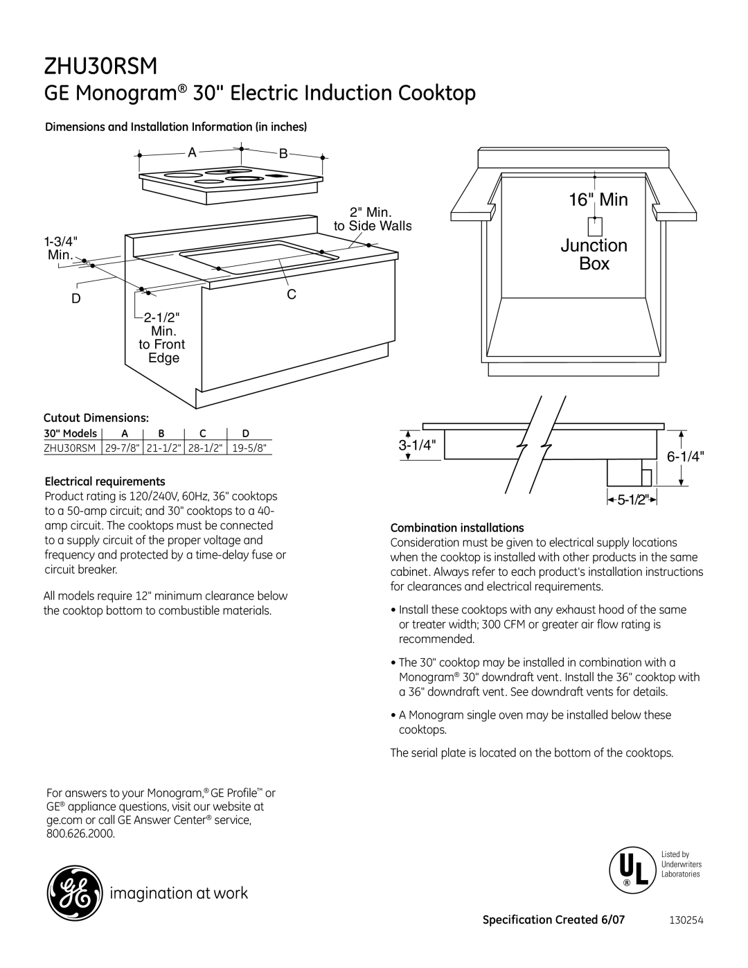 GE Monogram ZHU30RSM dimensions GE Monogram 30 Electric Induction Cooktop, Min Junction Box 