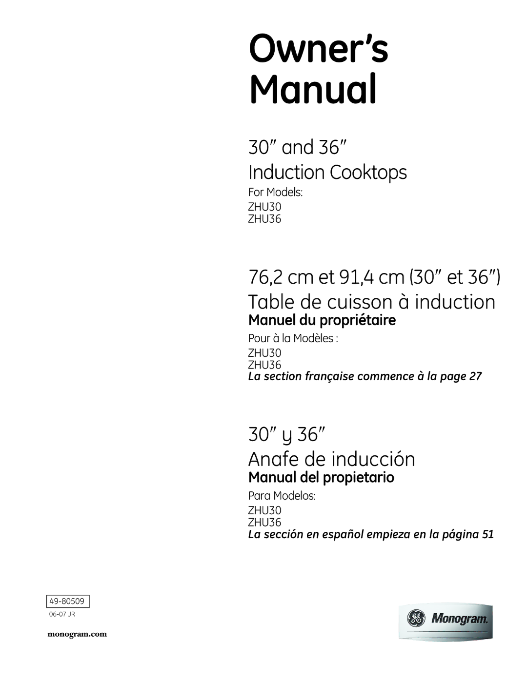 GE Monogram ZHU30, ZHU36 owner manual For Models, Pour à la Modèles, Para Modelos, 49-80509 