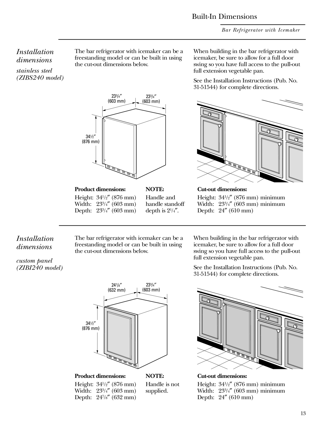 GE Monogram ZIBI240, ZIBS240 owner manual Installation dimensions, Product dimensions Cut-out dimensions 