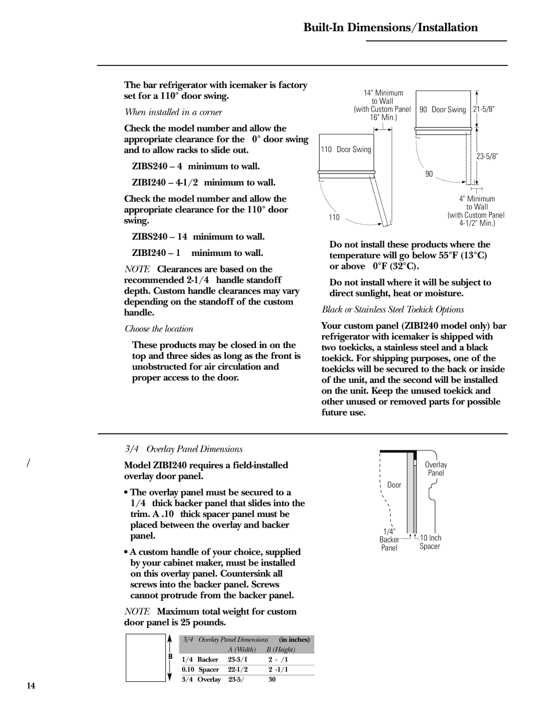 GE Monogram ZIBS240, ZIBI240 owner manual Product clearances, Installing custom 3/4 ″ door panel and handle 