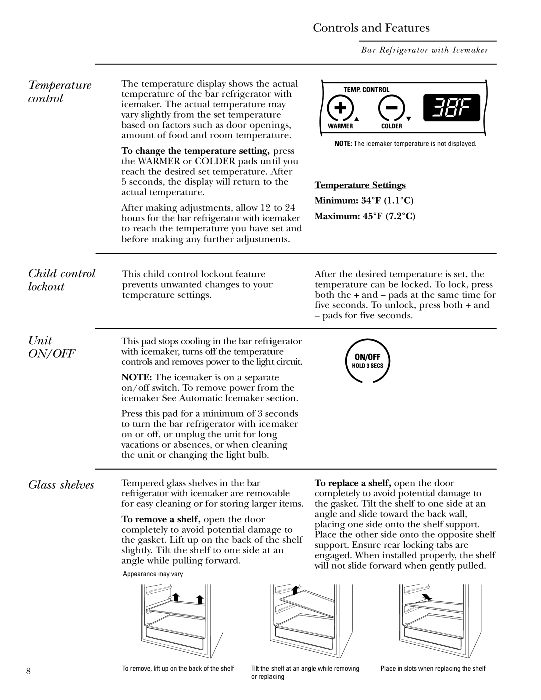 GE Monogram ZIBS240, ZIBI240 owner manual Temperature control, Child control lockout Unit, Glass shelves 