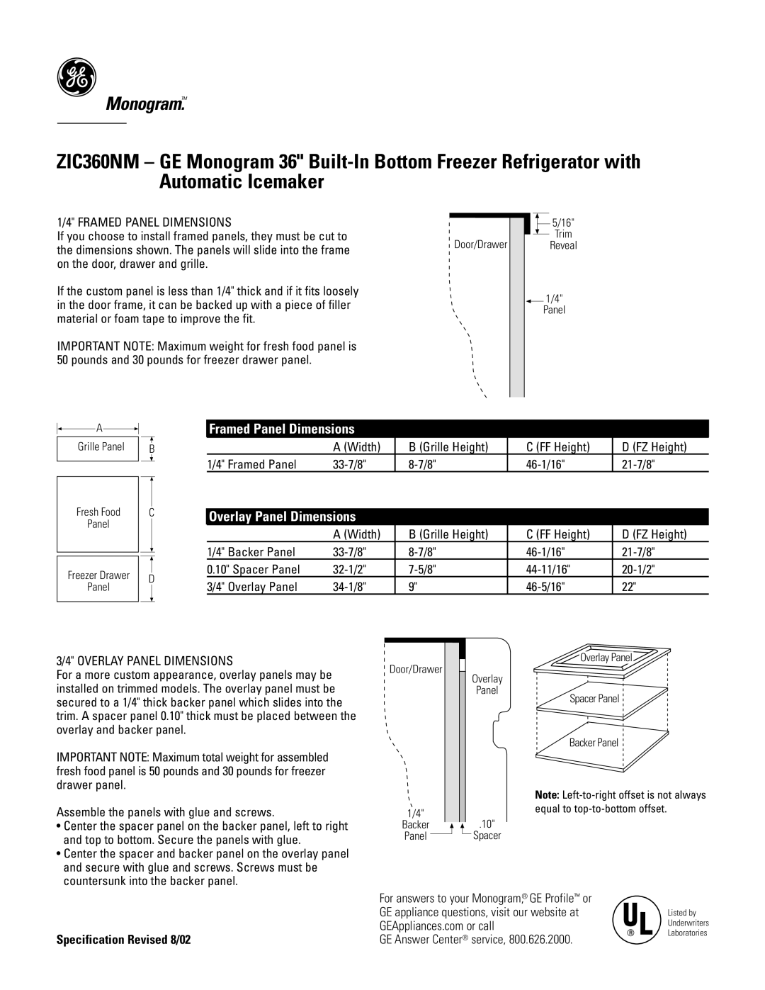 GE Monogram ZIC360NM dimensions Framed Panel Dimensions 