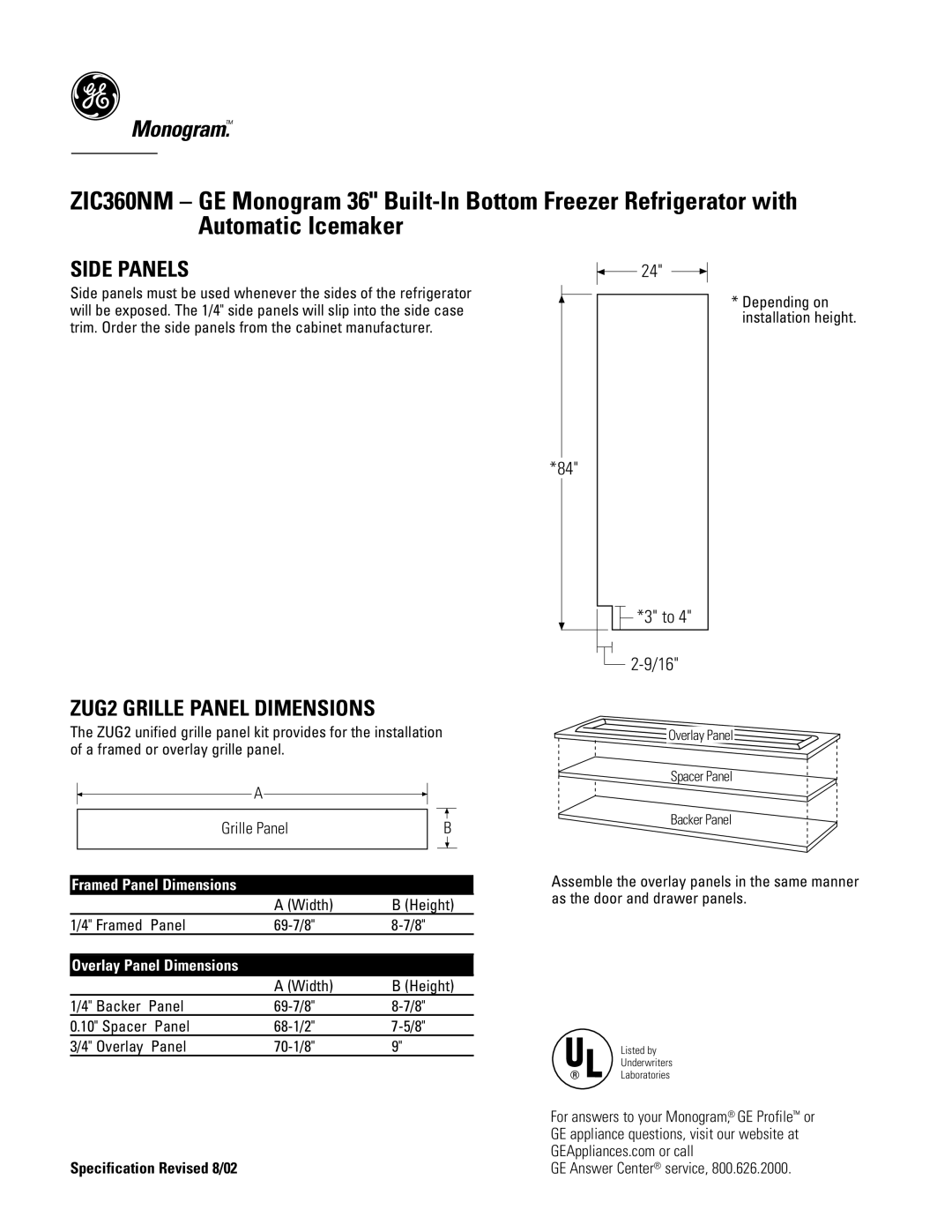 GE Monogram ZIC360NM dimensions Side Panels, Grille Panel 