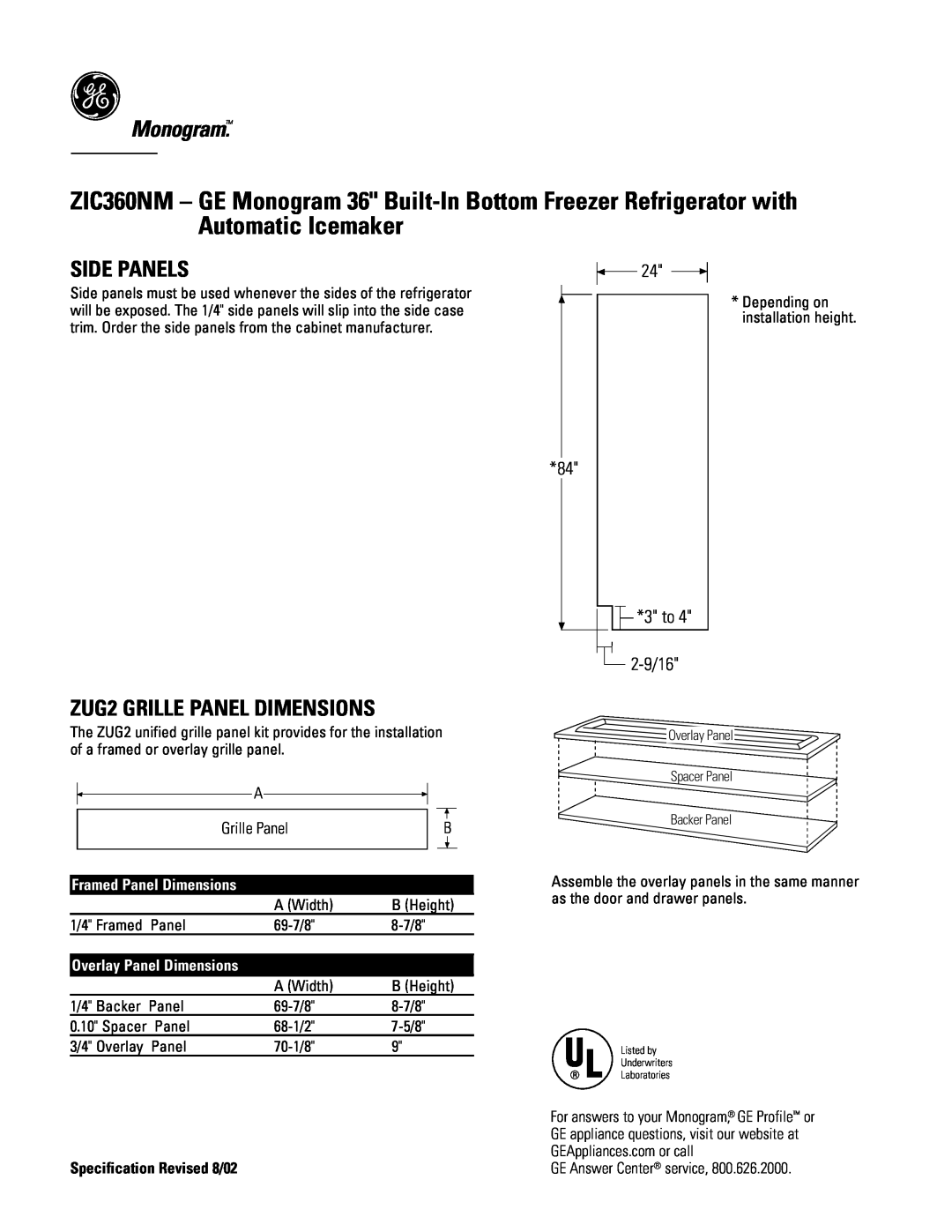 GE Monogram ZIC360NM dimensions Side Panels, ZUG2 GRILLE PANEL DIMENSIONS, Monogram, 3 to 2-9/16, Grille Panel 