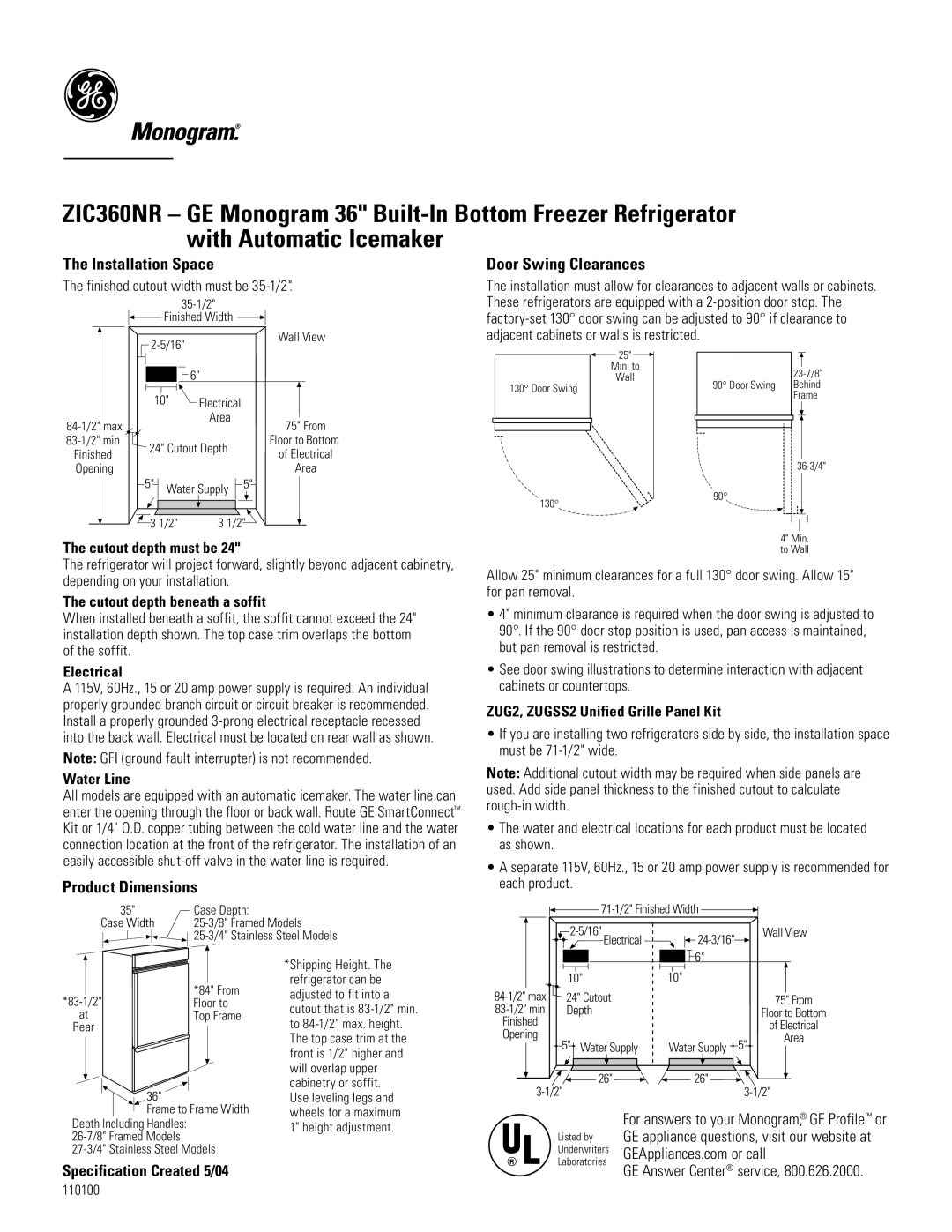 GE Monogram ZIC360NR dimensions Cutout depth must be, Cutout depth beneath a soffit, Electrical, Water Line 