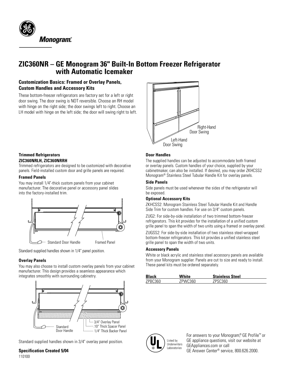 GE Monogram ZIC360NR dimensions Right-Hand Door Swing Left-Hand 