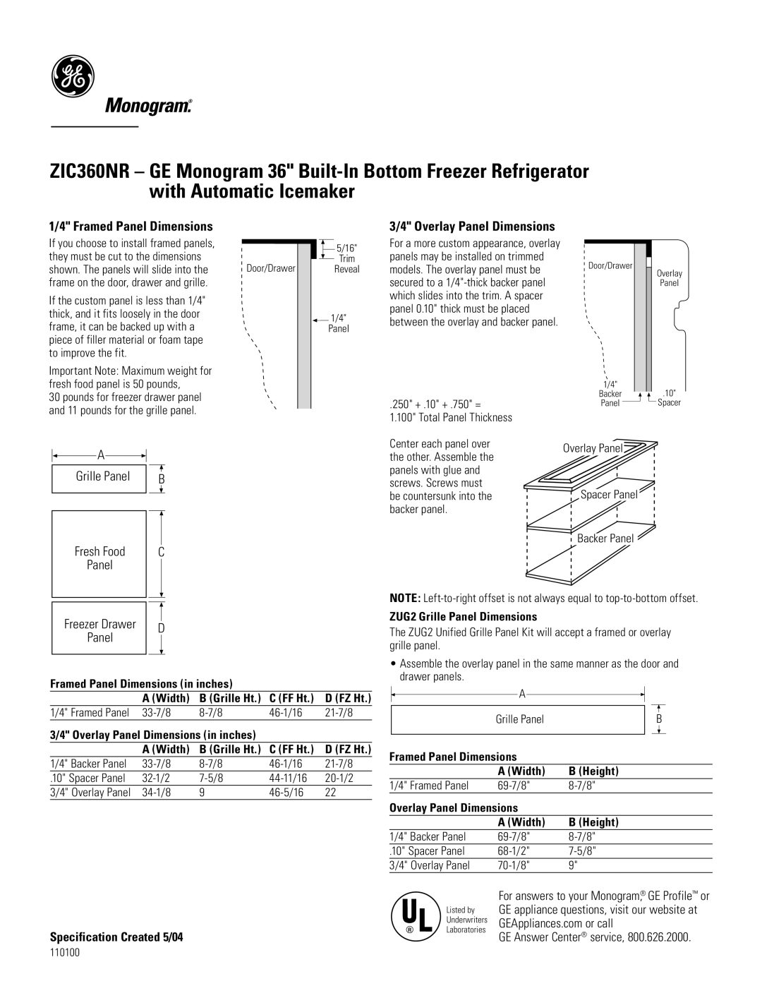 GE Monogram ZIC360NR dimensions Grille Panel 