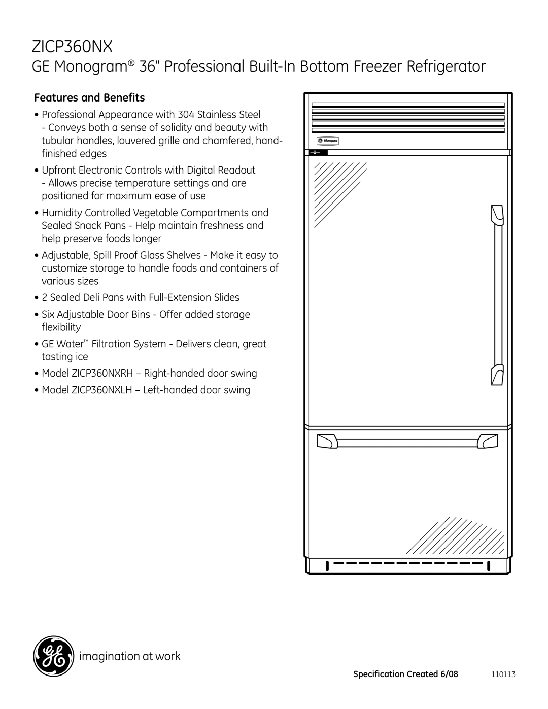 GE Monogram ZICP360NX dimensions Features and Benefits 