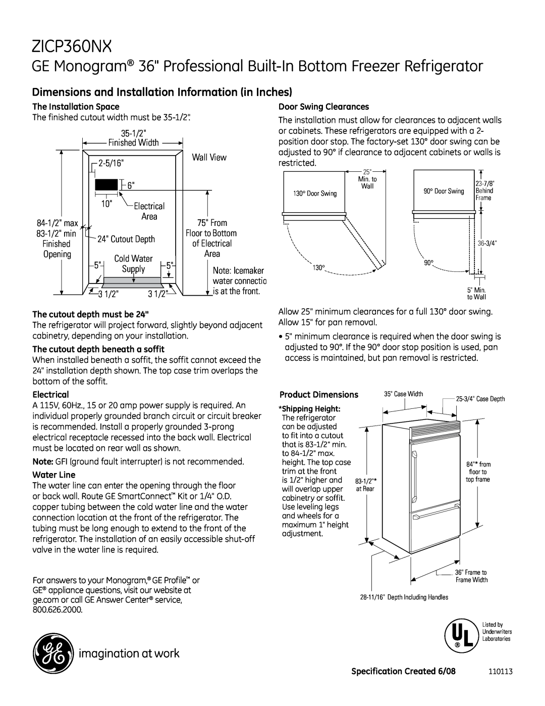 GE Monogram ZICP360NX dimensions GE Monogram 36 Professional Built-In Bottom Freezer Refrigerator, 35-1/2 Finished Width 
