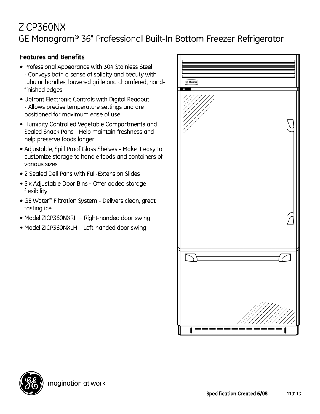 GE Monogram ZICP360NX dimensions Features and Benefits, GE Monogram 36 Professional Built-In Bottom Freezer Refrigerator 
