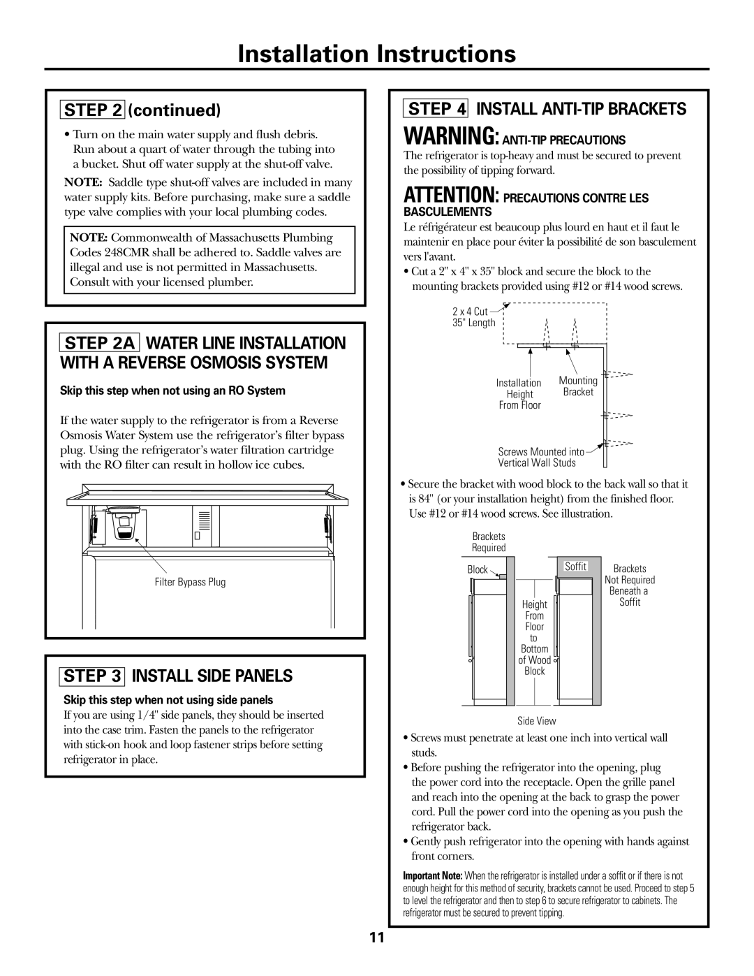 GE Monogram ZICS360 LH Install Side Panels, Install ANTI-TIP Brackets, Skip this step when not using an RO System 