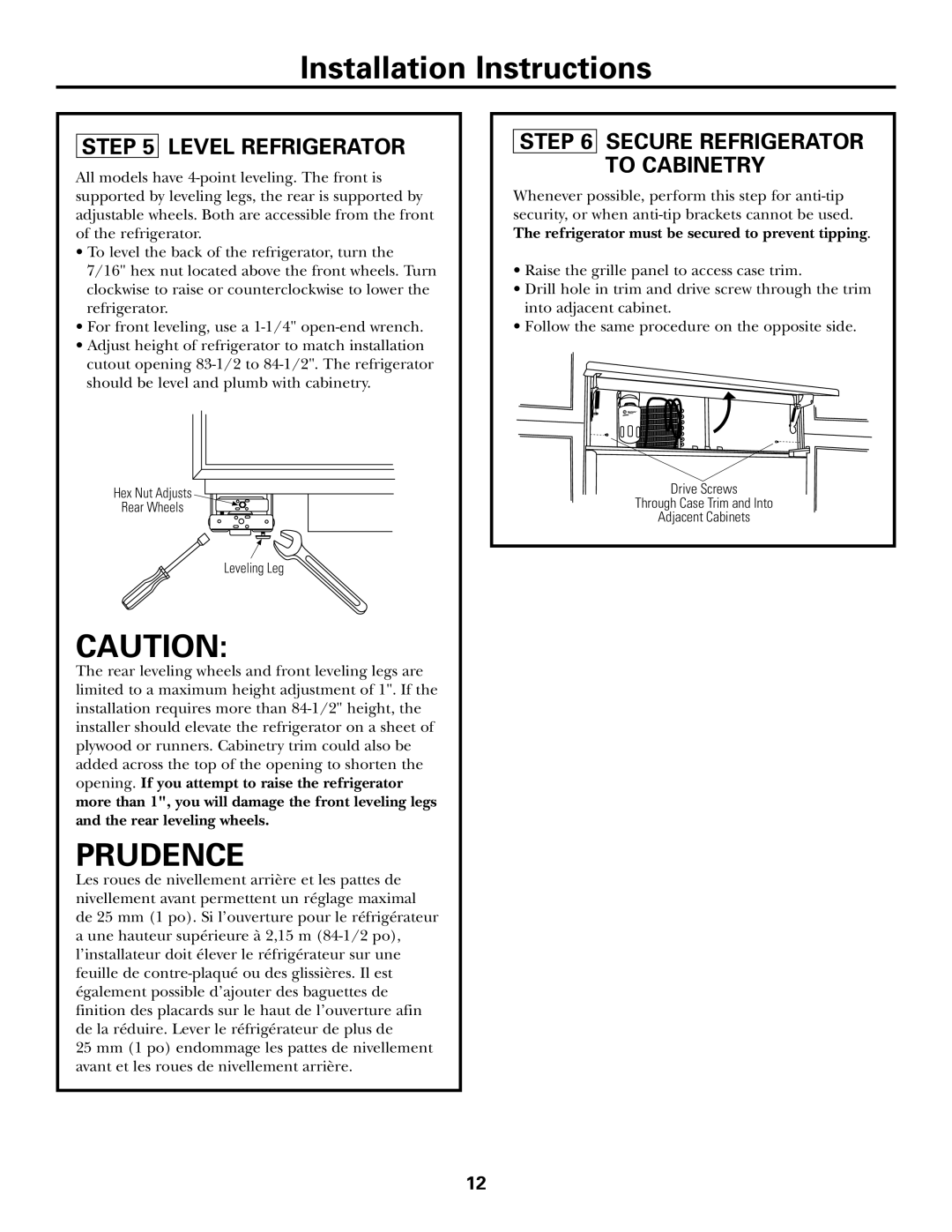 GE Monogram ZICS360 LH installation instructions Level Refrigerator, Secure Refrigerator To Cabinetry 