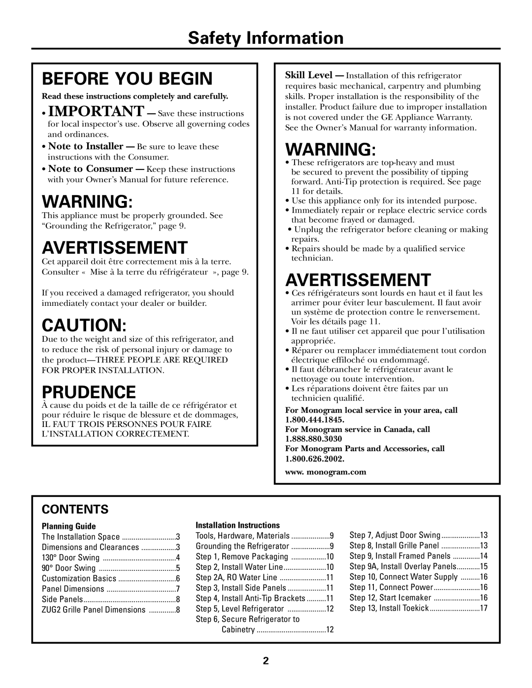 GE Monogram ZICS360 LH installation instructions Before YOU Begin, Contents 