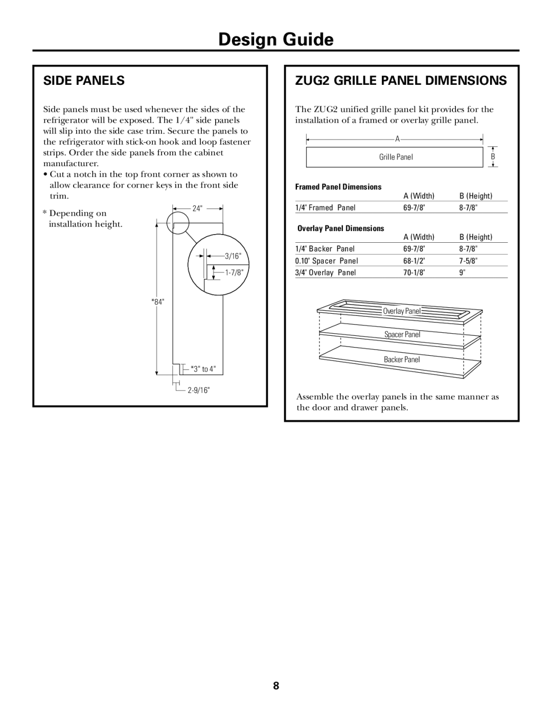 GE Monogram ZICS360 LH installation instructions Side Panels, ZUG2 Grille Panel Dimensions 