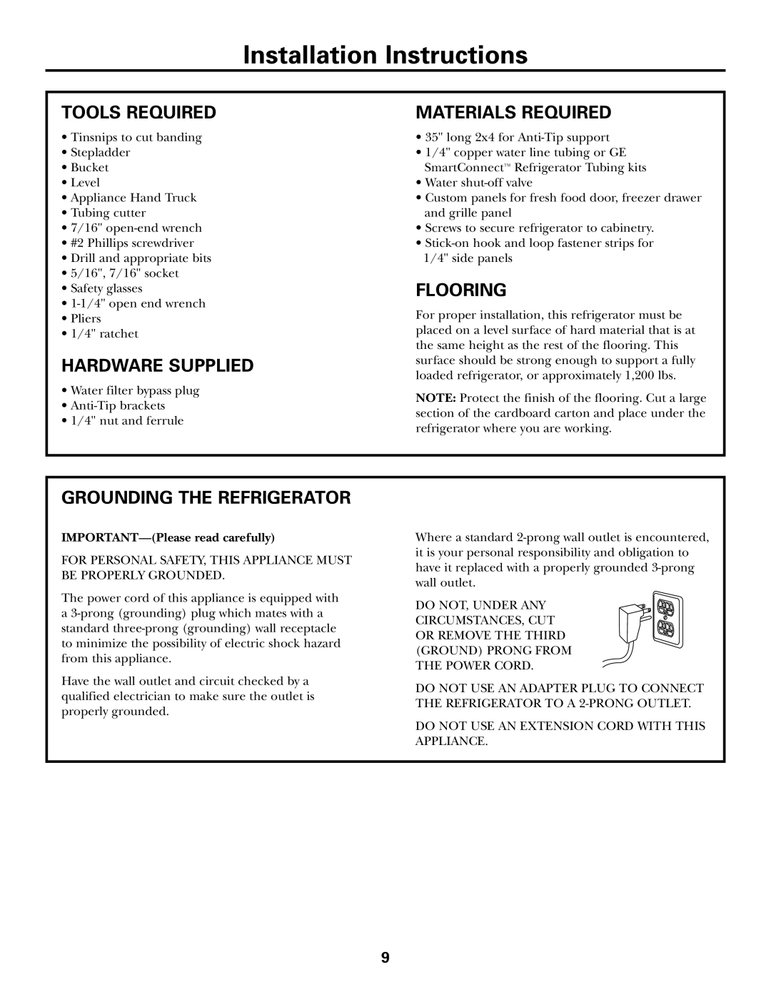 GE Monogram ZICS360 LH Tools Required Materials Required, Flooring, Hardware Supplied, Grounding the Refrigerator 