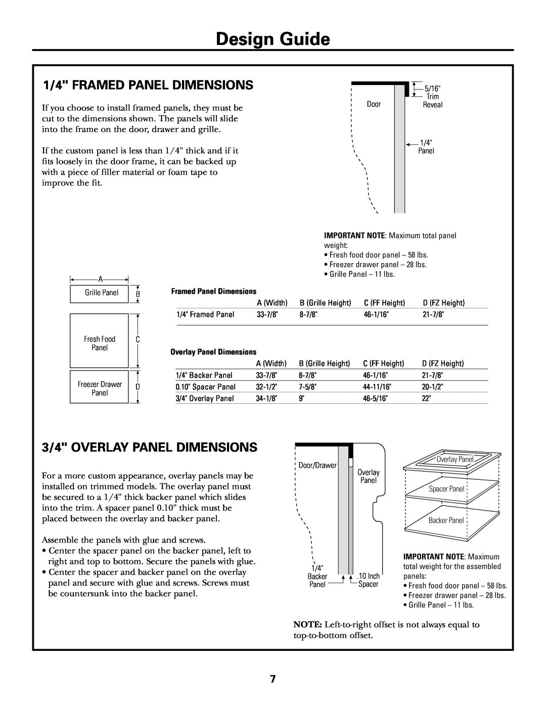 GE Monogram ZICS360 LH installation instructions 1/4 FRAMED PANEL DIMENSIONS, 3/4 OVERLAY PANEL DIMENSIONS, Design Guide 
