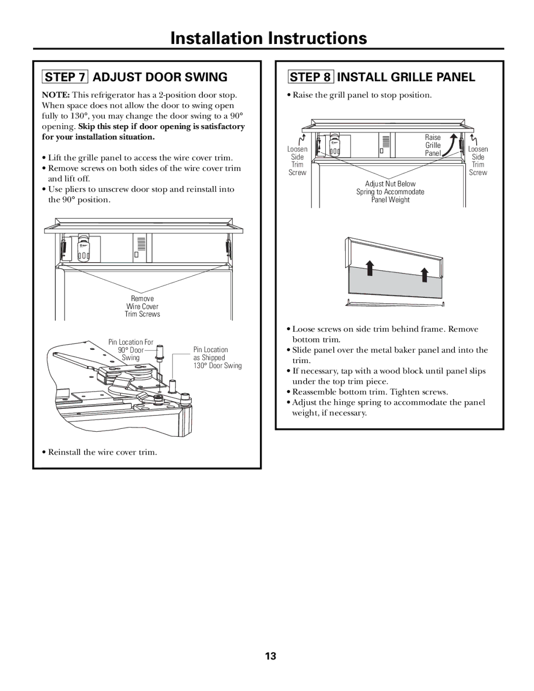 GE Monogram ZICS360N LH, ZICS360N RH, ZIC360N LH, ZIC360N RH installation instructions Adjust Door Swing, Install Grille Panel 