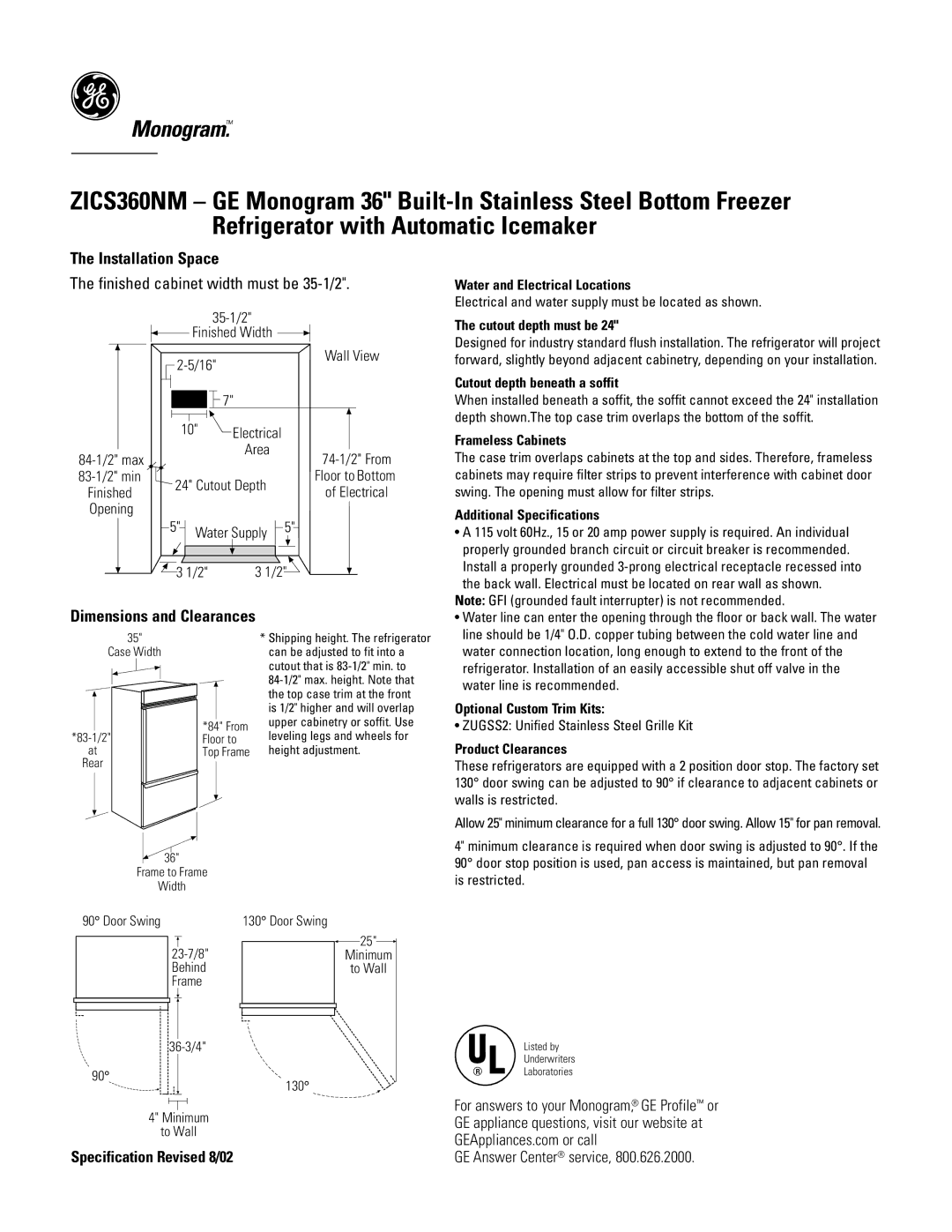 GE Monogram ZICS360NM dimensions Installation Space, Dimensions and Clearances, 35-1/2 Finished Width Wall View 