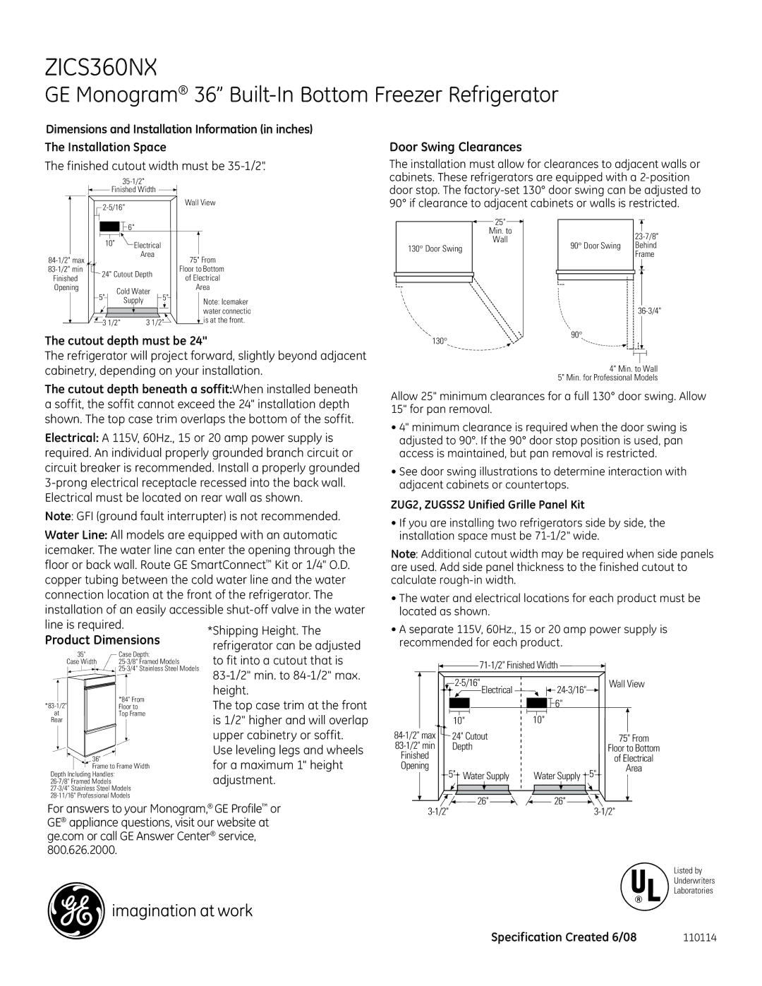 GE Monogram ZICS360NX dimensions GE Monogram 36 Built-In Bottom Freezer Refrigerator, Door Swing Clearances 