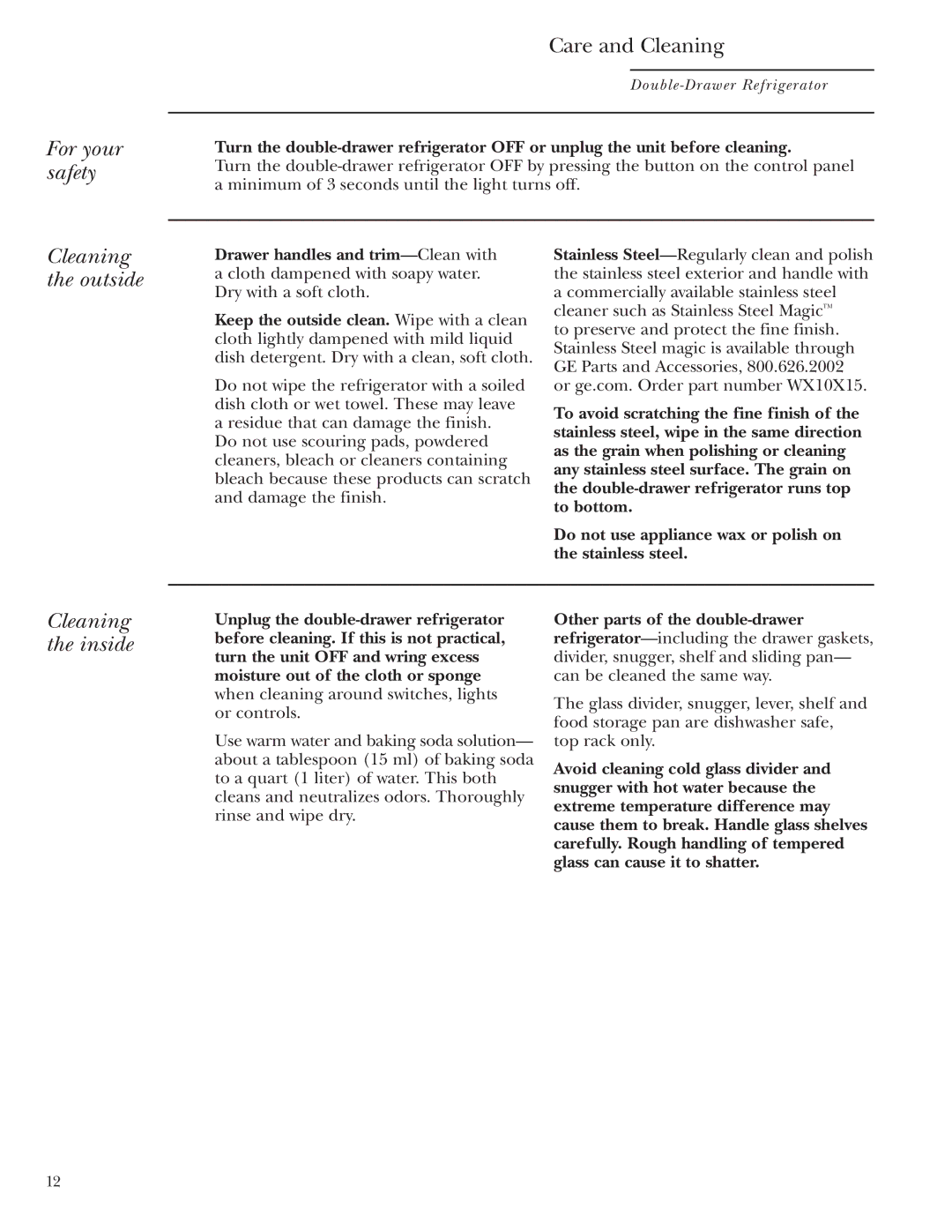 GE Monogram ZIDI240, ZIDS240 For your safety, Cleaning the outside, Cleaning the inside, Other parts of the double-drawer 