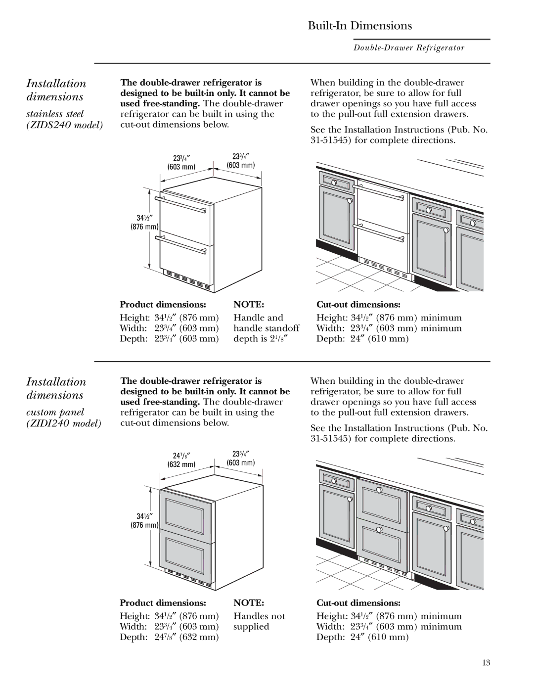 GE Monogram ZIDS240, ZIDI240 owner manual Installation dimensions, Product dimensions Cut-out dimensions 