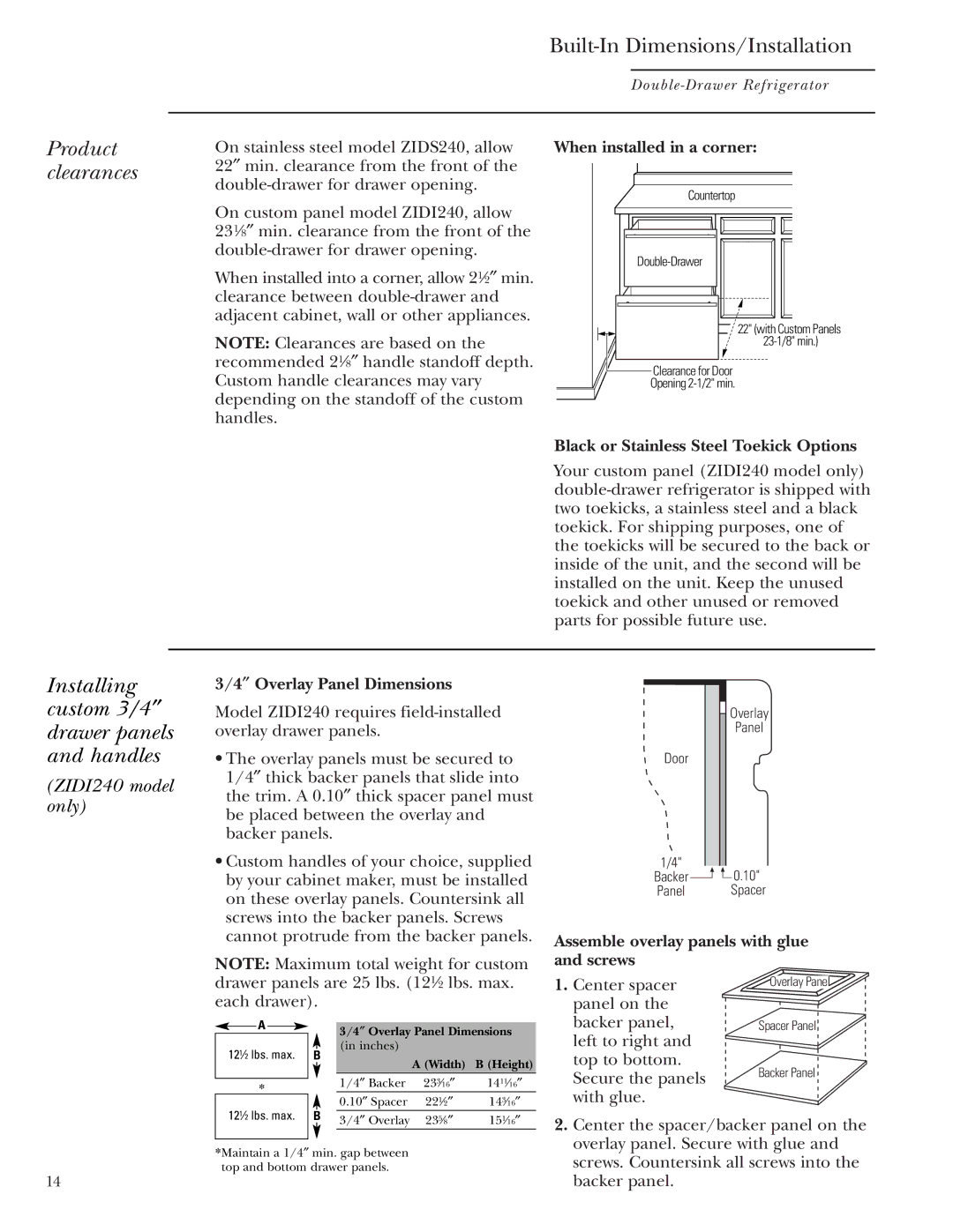 GE Monogram ZIDI240, ZIDS240 owner manual Product clearances, Installing custom 3/4 ″ drawer panels and handles 