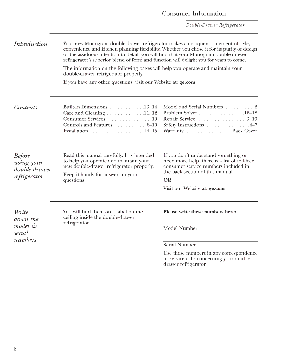 GE Monogram ZIDI240, ZIDS240 owner manual Introduction, Contents, Write down the model & serial numbers 