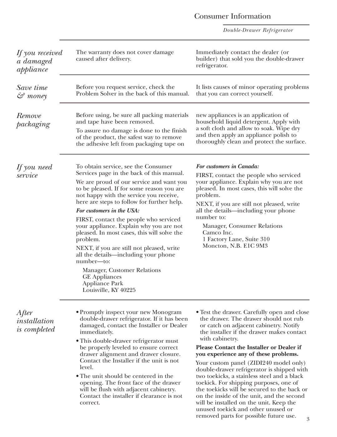 GE Monogram ZIDS240, ZIDI240 owner manual If you need service, After installation is completed 