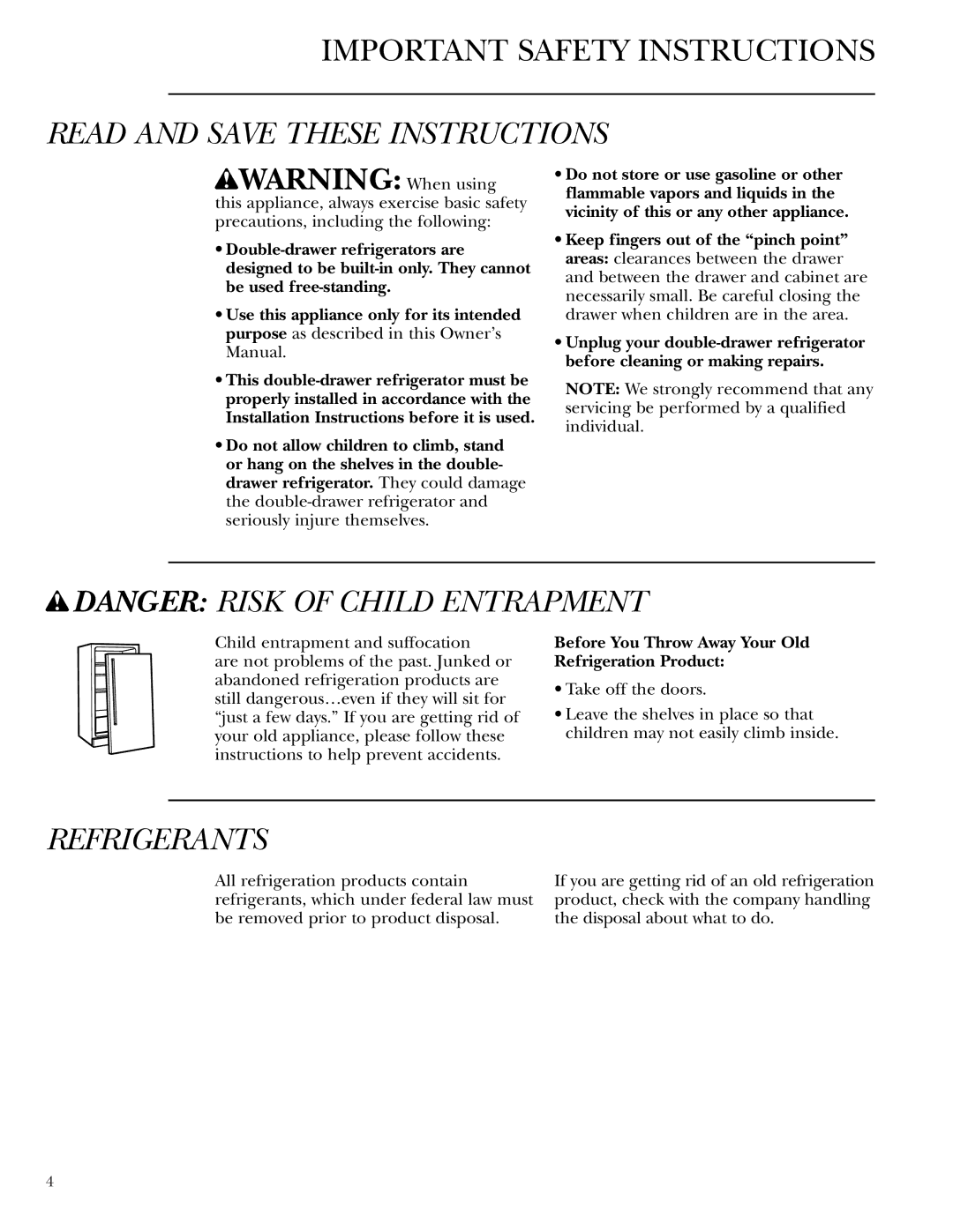 GE Monogram ZIDI240 Read and Save These Instructions, Refrigerants, Before You Throw Away Your Old Refrigeration Product 