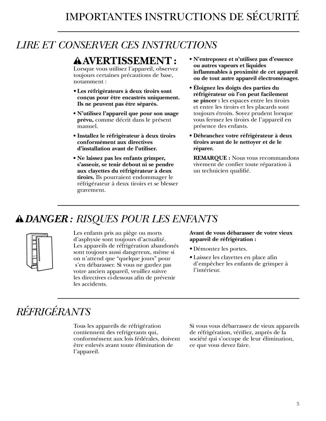 GE Monogram ZIDS240, ZIDI240 owner manual Lire ET Conserver CES Instructions, Réfrigérants 