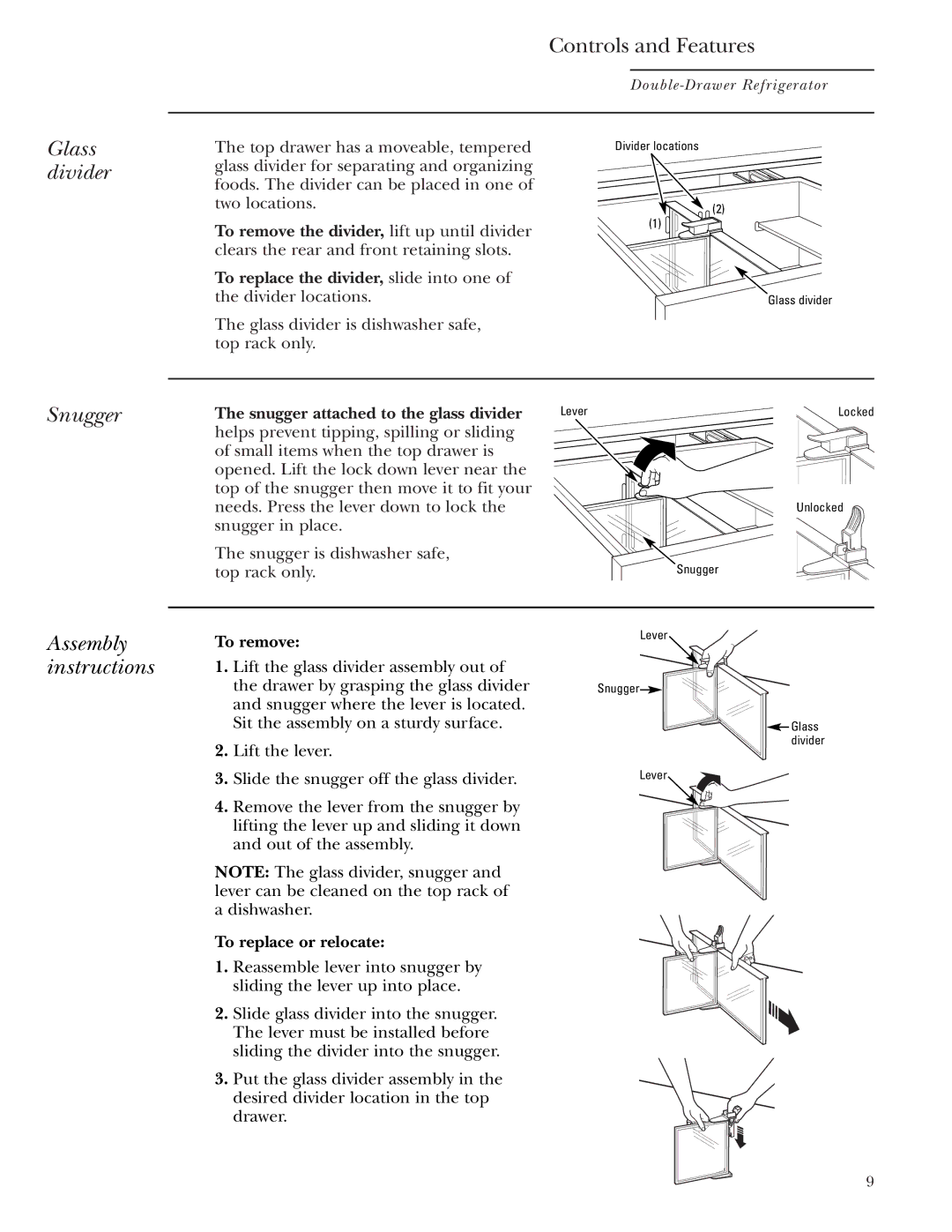 GE Monogram ZIDS240, ZIDI240 owner manual Glass divider, Snugger, Assembly instructions 