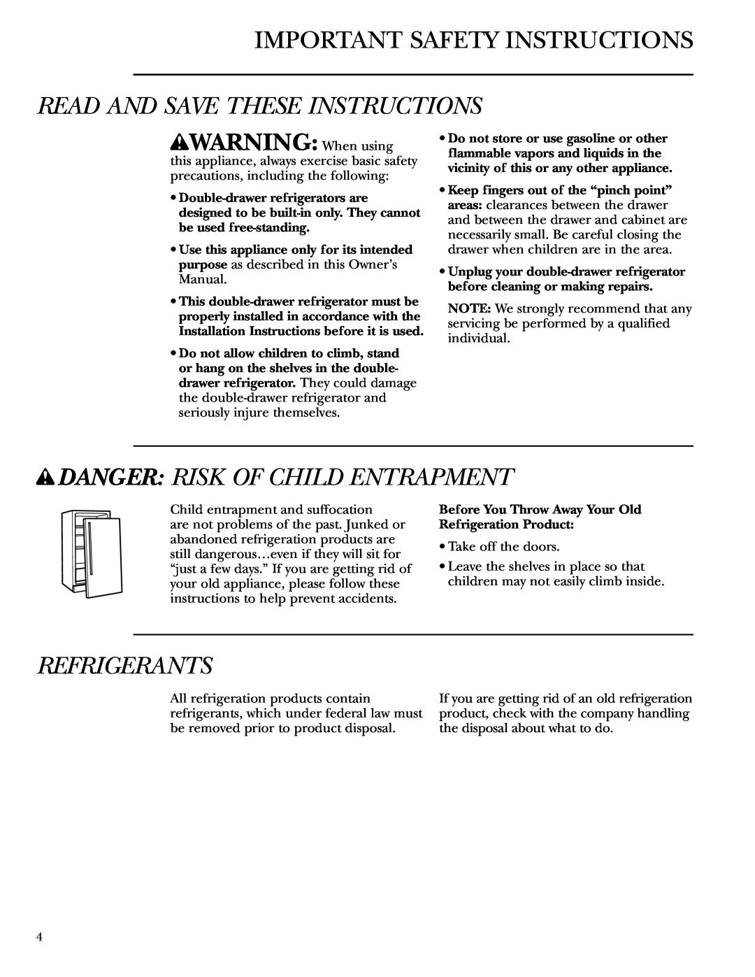 GE Monogram ZIDI240 Important Safety Instructions, Read And Save These Instructions, w DANGER RISK OF CHILD ENTRAPMENT 