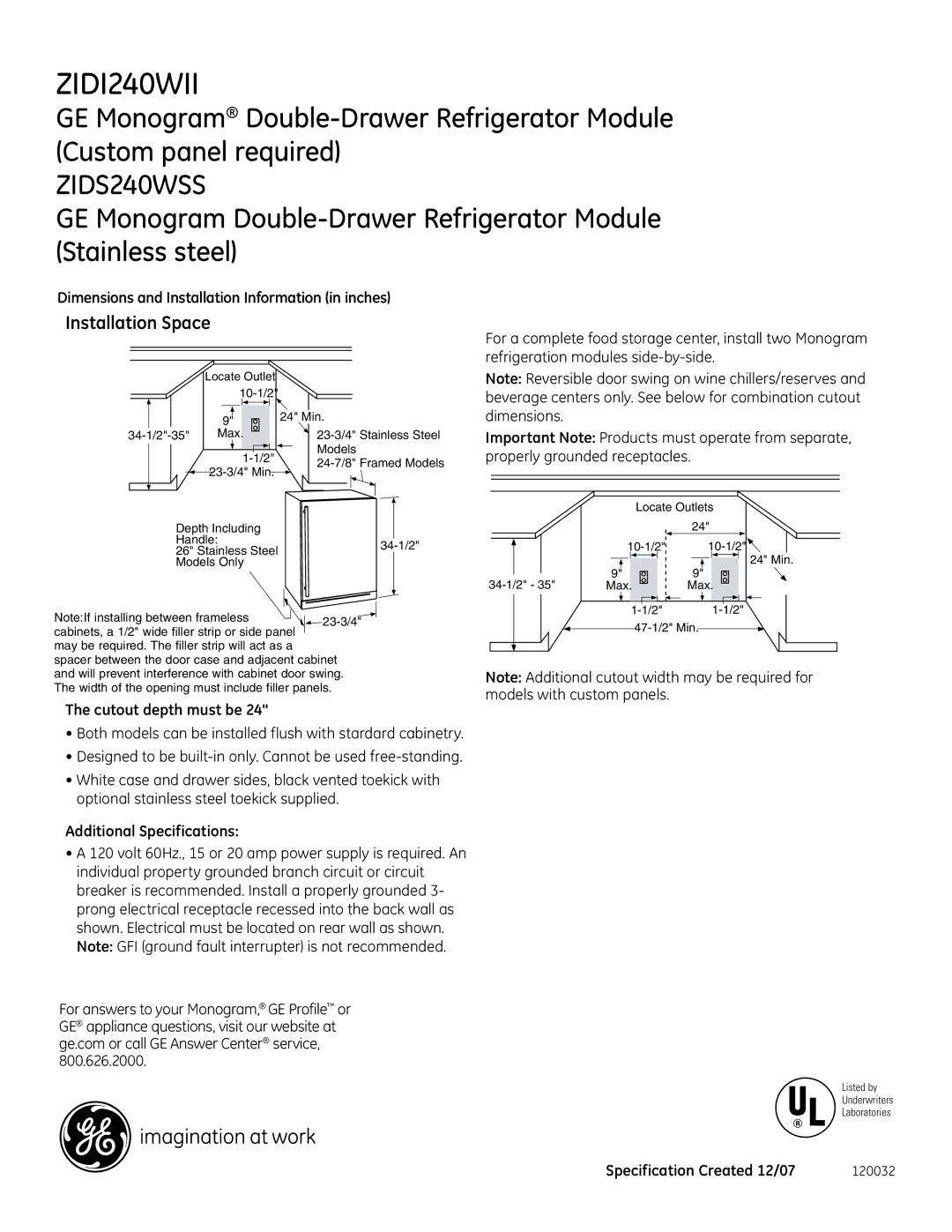 GE Monogram ZIDI240WII dimensions Installation Space, Dimensions and Installation Information in inches 