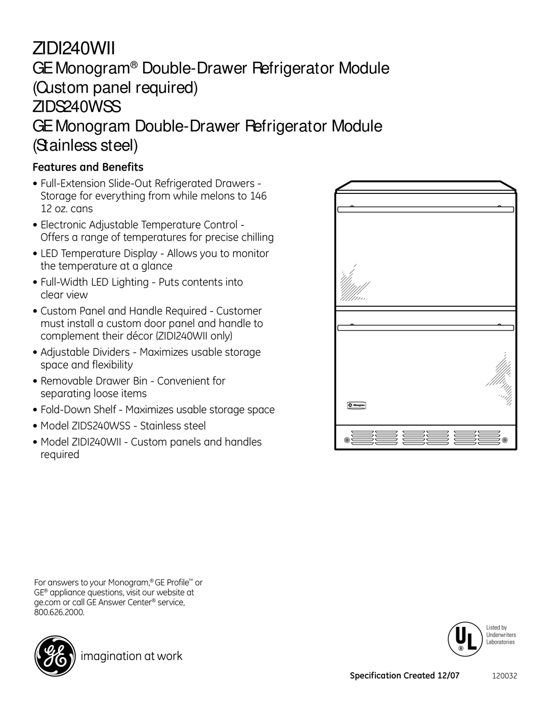 GE Monogram ZIDI240WII dimensions Features and Benefits 