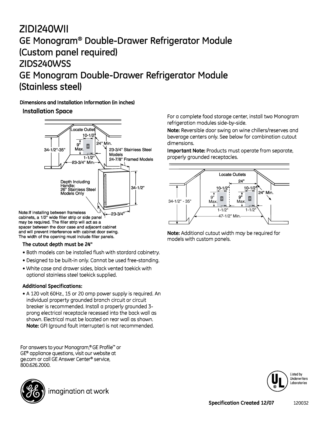 GE Monogram ZIDI240WII dimensions GE Monogram Double-Drawer Refrigerator Module Custom panel required, ZIDS240WSS 