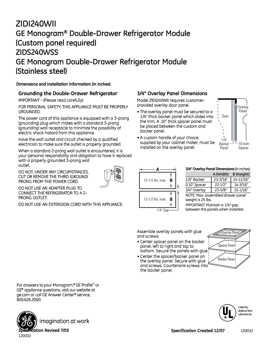 GE Monogram ZIDI240WII dimensions GE Monogram Double-Drawer Refrigerator Module Custom panel required, ZIDS240WSS 
