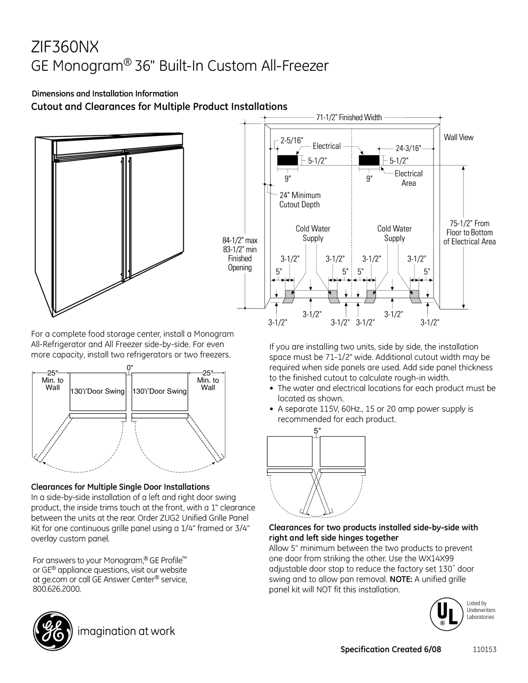 GE Monogram ZIF360NXRH, ZIF360NXLH dimensions Cutout and Clearances for Multiple Product Installations 